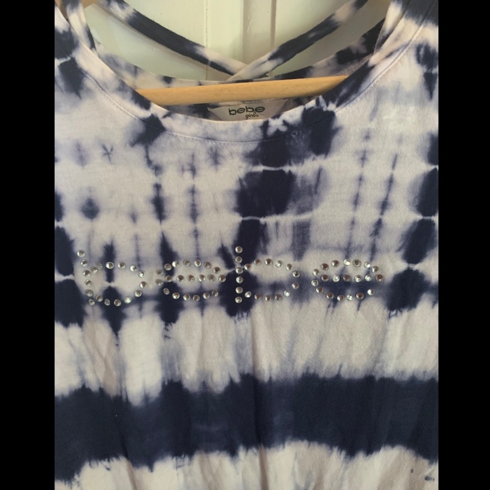 BeBe navy tie dye rhinestone logo shirt